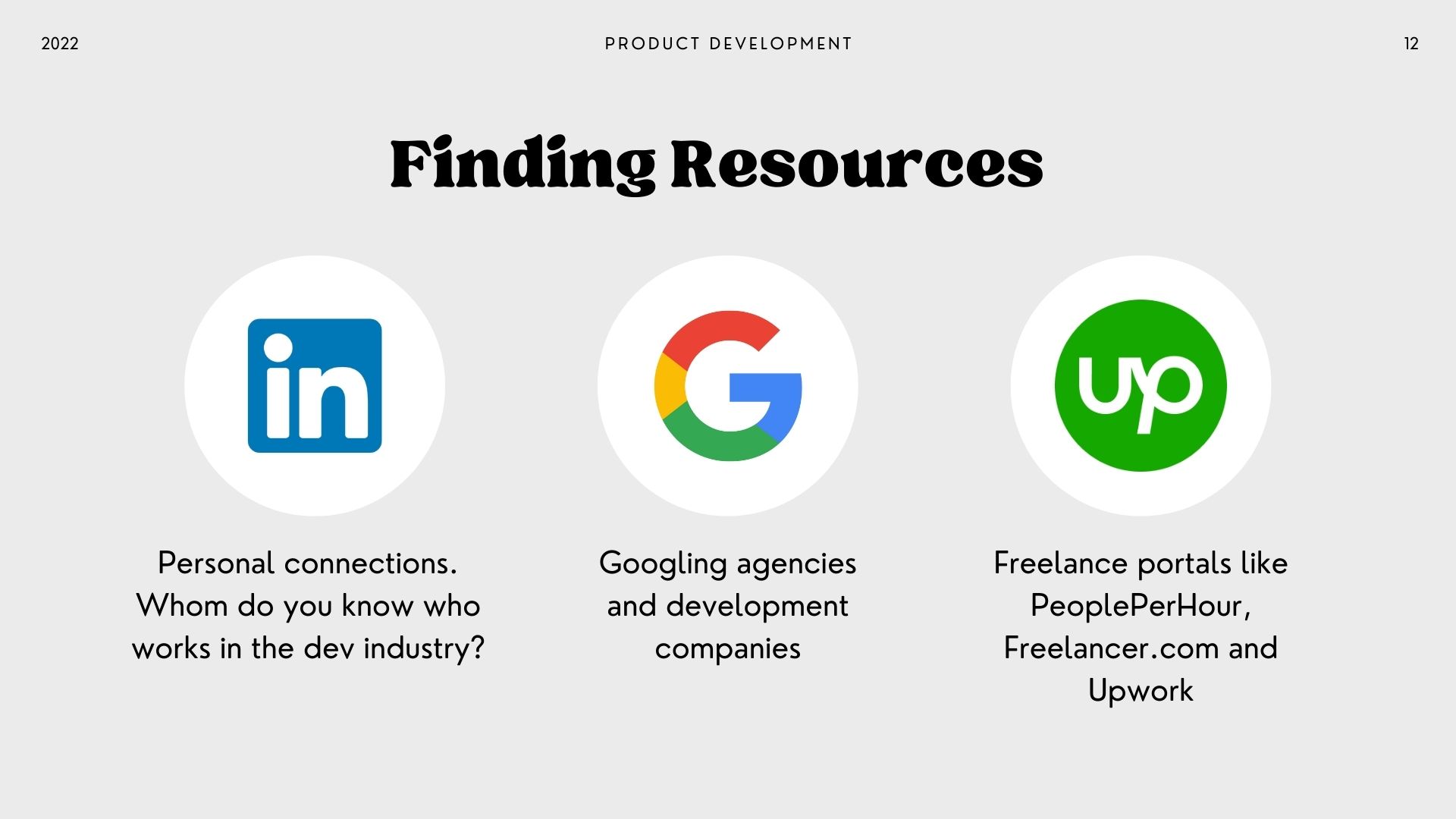 An image showing logos for LinkedIn, Google and Upwork for finding resources such as developers