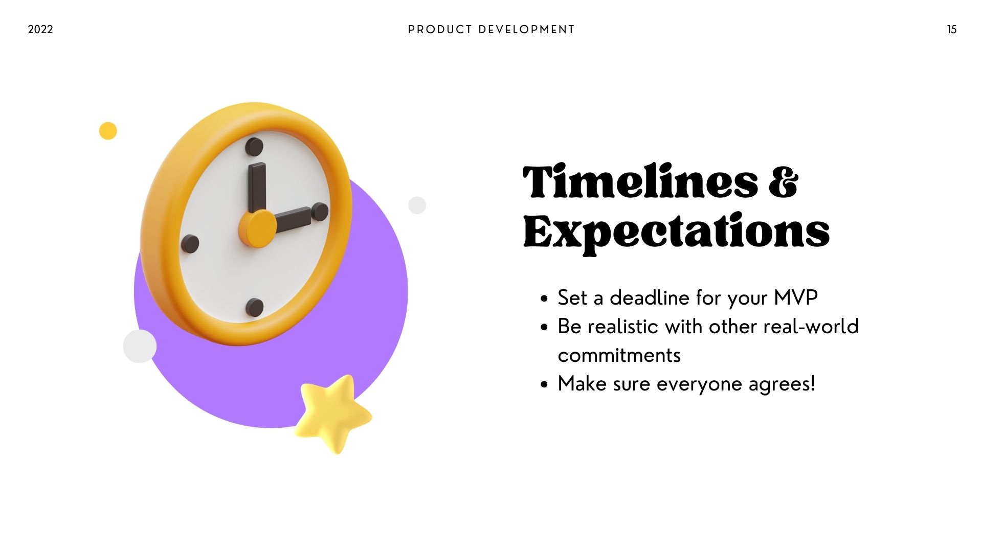 An image showing a clock and asking about product development timelines and expecations