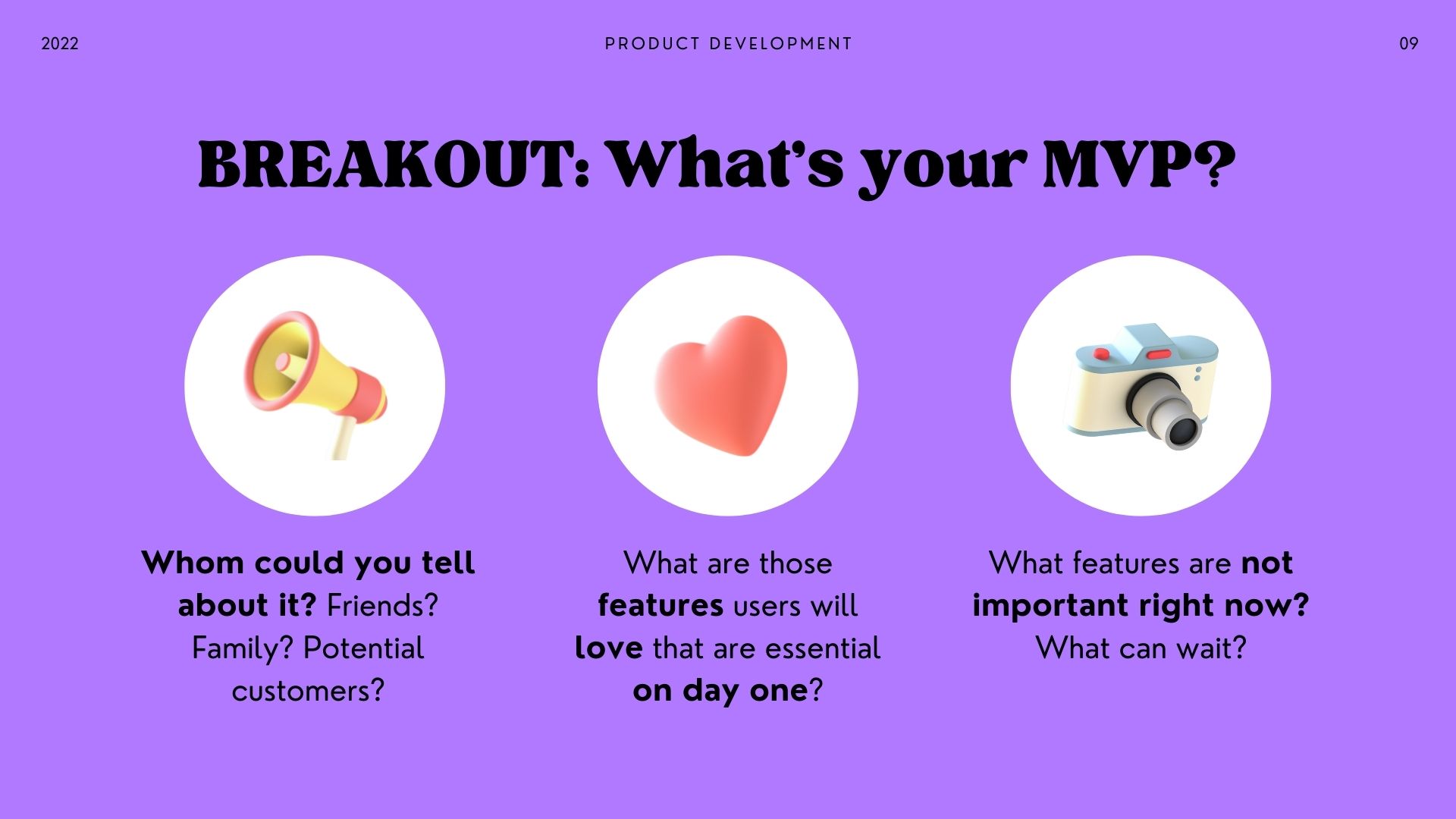 An image asking questions of the group around product development and the MVP